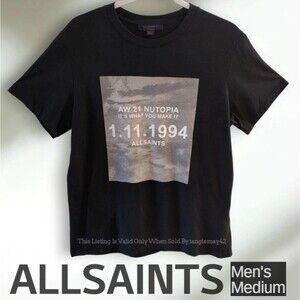 Allsaints Mens Medium Black T Shirt AW 21 NUTOPIA 1 11 1994 Cotton Silkscreen